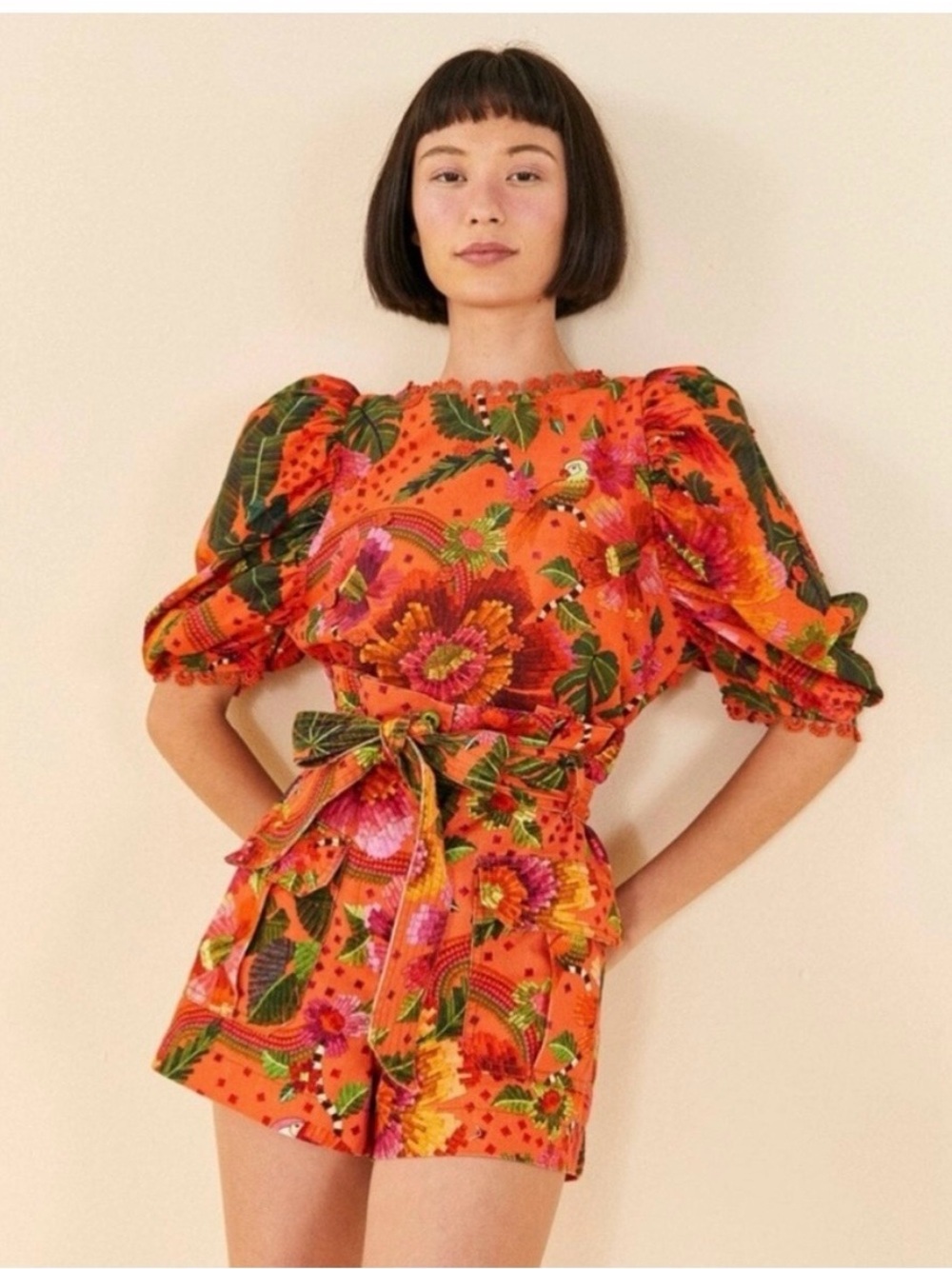 NWT FARM RIO blooming garden shorts orange boho tropical beach vacay floral sz M - Picture 2 of 10
